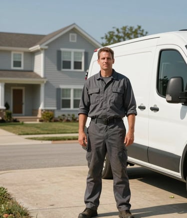 A professional chimney technician wearing a clean dark gray uniform, standing confidently next to a white service van in a sunny North American / US residential driveway. The background features a suburban light gray house under a clear sky. Reliable and warm atmosphere.