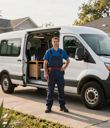 A wide-angle shot of a professional plumber standing confidently next to a well-organized service van in a North American residential driveway. The morning light is warm and bright, emphasizing a trustworthy and prompt service atmosphere.