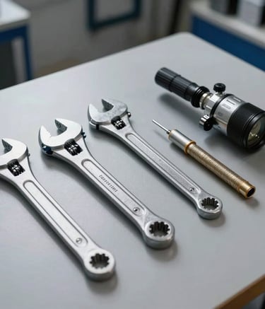 A professional composition of high-quality plumbing tools like pipe wrenches and leak detection devices laid out neatly on a clean gray surface. The lighting is crisp and modern, reflecting a sense of efficiency and readiness, with subtle blue accents in the background.