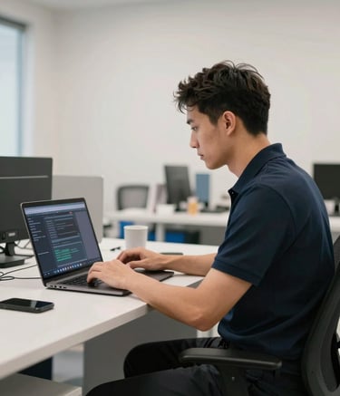 A professional technician wearing a dark navy polo shirt sitting in a modern, clean office. They are focused on a laptop displaying network configurations. The room is brightly lit with a soft off-white aesthetic and steel blue accents in the furniture.