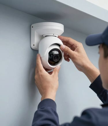 A close-up shot of a professional installer's hands mounting a white smart security camera onto a clean exterior wall. The lighting is crisp daylight, highlighting the muted blue-grey tones of the equipment and wall.