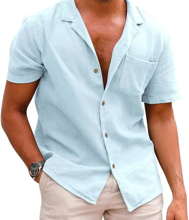 blue Hawaiian shirt and tan pants