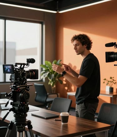 Behind-the-scenes photography of a marketing video shoot in a sunny professional office in the South of the US. High-end camera gear is visible while Dani directs a scene, incorporating Deep Sunset Orange and Matte Charcoal Black elements in the decor. Professional and cinematic lighting.