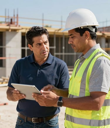 A collaborative scene at a construction site in the South of the US. Dani is wearing a professional polo shirt, discussing digital strategy on a tablet with a Hispanic contractor wearing a safety vest. Bright natural sunlight, authentic and aspirational atmosphere.