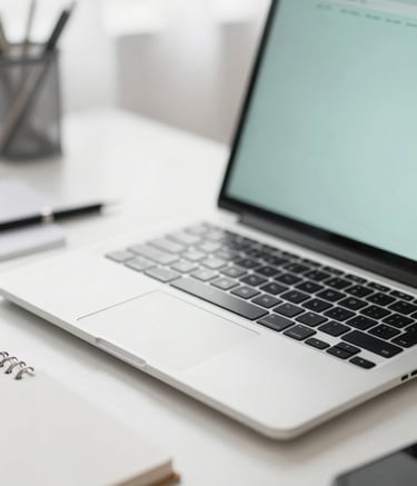 A close-up photograph of a professional workspace with a sleek laptop on a desk. The lighting is bright and natural, reflecting a clean and organized environment. The color palette features misty seafoam and soft cloud white accents, emphasizing efficiency and clarity.