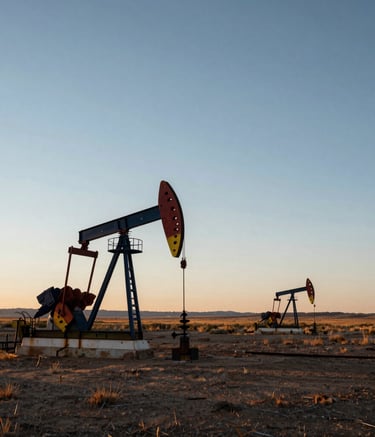 Wide-angle photograph of the rugged Western US plains at sunrise, an oil pumpjack operating in the distance under a vast sky, professional and established mood, North American / US landscape.
