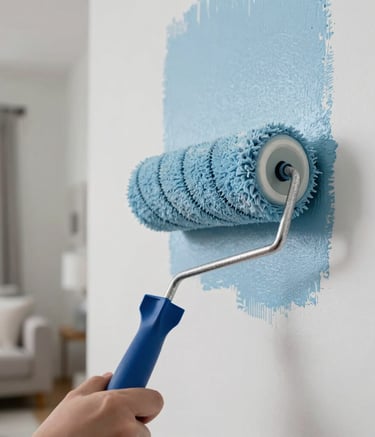 A close-up shot of a high-quality paint roller applying a fresh coat of soft blue paint onto a clean white interior wall. The lighting is bright and natural, showing a modern North American / Florida, US living room.