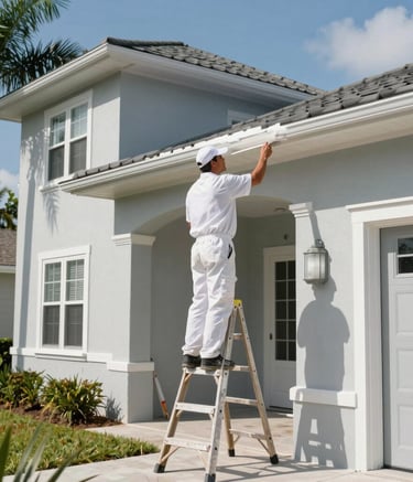 A professional painter wearing a white uniform and a cap, standing on a ladder while carefully painting the eaves of a bright light gray Florida home. Sunny day, Sarasota neighborhood, North American / Florida, US style architecture with palm trees.
