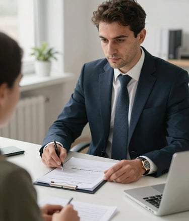 A Turkish / North American professional helping an individual with immigration paperwork in a modern, brightly lit office, trustworthy, professional photography.