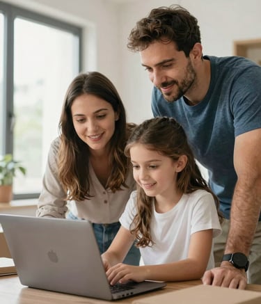A confident Turkish / North American family looking at a laptop together, planning their relocation, modern bright home, natural light, professional photography, hopeful and clear mood.