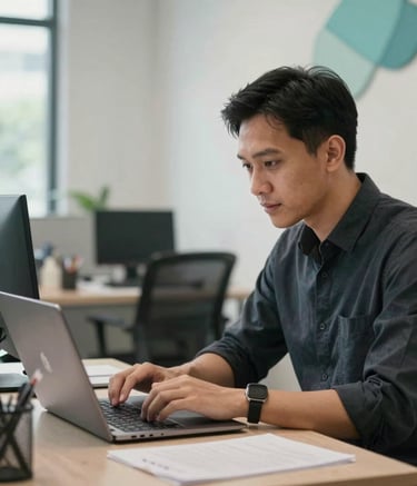 A modern workspace in Jakarta with a professional Southeast Asian man looking at a laptop screen. The environment is efficient and clean, with soft natural light and subtle teal decorative elements in the background.