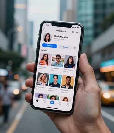 Close-up of a hand holding a high-end smartphone in an Indonesian urban setting, displaying a vibrant social media profile with high engagement numbers. The background shows soft bokeh of city lights and teal-colored architectural elements.