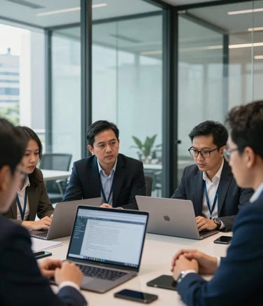 A group of Southeast Asian / Indonesian digital marketing experts in a collaborative meeting inside a modern, glass-walled office in Jakarta. The scene features natural lighting and professional attire, with a laptop open on a table showing faint reflections of light blue and dark blue color tones.