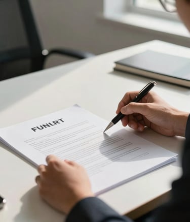 Close-up of a professional real estate contract being reviewed on a clean desk, natural morning light, South American office setting, focused and serious atmosphere.