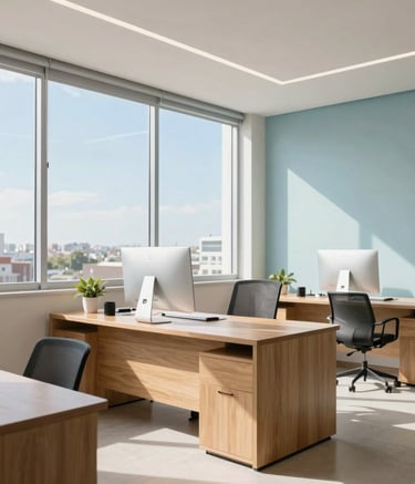 Interior of a bright, modern Brazilian real estate office with large windows, light wood furniture, and pale sky blue accents, showing a professional workspace without people.
