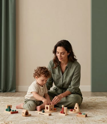 A premium lifestyle photograph of a professional mother in a soft beige room, sitting on a high-quality rug and watching her toddler play with wooden toys. The aesthetic is minimal, warm, and sophisticated with deep sage green accents in the home decor.