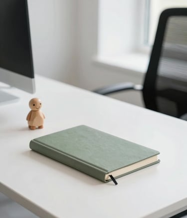 A bright, professional office space in Dubai with a minimal luxury design. A clean white desk holds a sage green notebook and a small wooden child's toy. The lighting is natural and airy, conveying a sense of calm and trustworthiness.