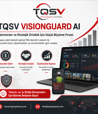 TQSV VisionGuard AI dashboard on laptop and mobile showing occupational safety risk analysis.