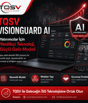 TQSV VisionGuard AI security software dashboard on a laptop and smartphone screen featuring occupational health and safety