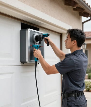 Professional photography of a technician performing maintenance on a residential garage door system in a North American / New Mexican home. Bright, clear daylight, clean Slate and Silver color tones, showing expert craftsmanship and modern tools.