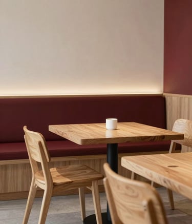 A cozy, Scandinavian-style interior of a modern North American / US restaurant, featuring clean lines, light wood furniture, and soft natural lighting. Minimalist Crisp Parchment and Deep Ripe Crimson accents create a sophisticated atmosphere.