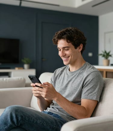 A professional photography image of a smiling person in a modern North American / US living area, holding a phone and looking relaxed. The background is a clean, sophisticated space with dark slate navy walls and soft off-white furniture, evoking a sense of calm reliability.