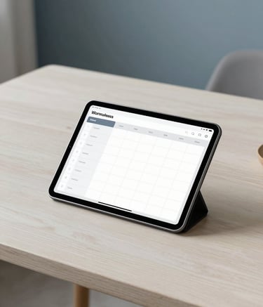 A high-quality photography shot of a serene North American / US home interior. On a sleek table made of soft off-white wood sits a tablet showing a clean, intuitive schedule for wellness. The lighting is calm and natural, highlighting accents of muted slate blue and soft grey-blue in the decor.
