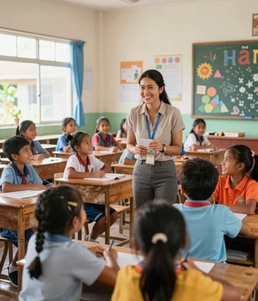 A wide-angle landscape photograph of a foreign teacher interacting with smiling children in a colorful Southeast Asian / Thai primary school classroom. The scene is bright and airy, capturing a moment of genuine cultural exchange and education.