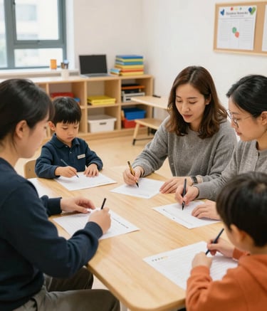 Parents and educators sharing a warm moment during a family workshop.