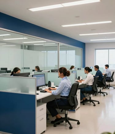 A wide-angle professional photograph of a modern tele-attendant workstation in a bright South American / Brazilian corporate building. The scene features clean lines, glass partitions, and a palette of prussian blue and honeydew. Attendants are working focused in the background, conveying a reliable atmosphere.