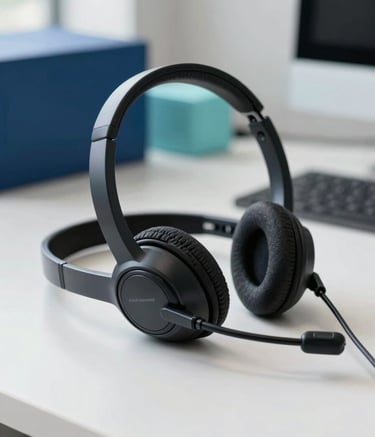 A close-up photograph of a professional high-quality communication headset resting on a clean white desk in a South American / Brazilian office. In the background, there is a soft-focus view of a modern workstation with accents of prussian blue and celadon blue, lit by natural window light.