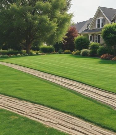 A freshly mowed lawn bordered by blooming flower beds in a cozy suburban yard.