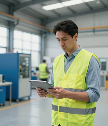 A professional safety consultant in a modern Italian industrial facility, wearing a high-visibility vest and holding a tablet, soft natural lighting, Southern European setting, clean and secure atmosphere with steel blue and light blue accents.