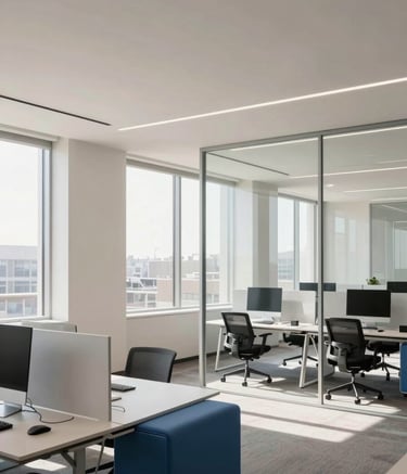 Modern, minimalist photography of a bright North American technology hub interior. Open-concept workspace with soft off-white walls and steel blue furniture. Large windows let in natural sunlight, reflecting off clean glass partitions.