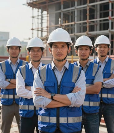 A group portrait of Southeast Asian professional engineers in white hard hats and blue reflective vests standing confidently on a construction site with steel scaffolding in the background, bright morning light, professional photography style.