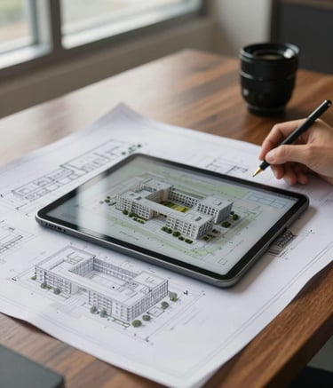 Detailed architectural blueprints and a digital tablet showing a 3D building model on a mahogany office desk in an Indonesian consulting firm, soft natural window light, professional and technical atmosphere.