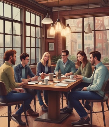 An artist's studio filled with various artworks, including framed paintings and sketches displayed on the walls and a countertop. Architectural models and design pieces are spread across the workspace. A large green plant adds a natural element, and studio lighting creates a focused atmosphere.