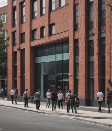 A pedestrian traffic signal displaying a walking figure within a city setting. The signal shows a countdown timer and is mounted on a pole with a yellow and black diagonal striped pattern. Surrounding the traffic light are various buildings, one with Chinese characters on signs, and a parking sign.