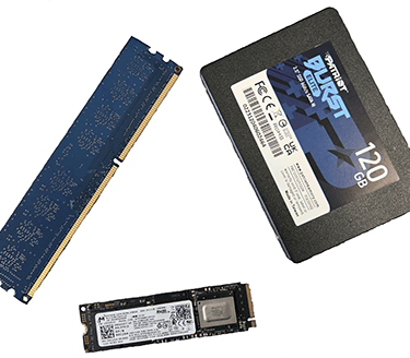 An image of RAM and two hard drives for computers