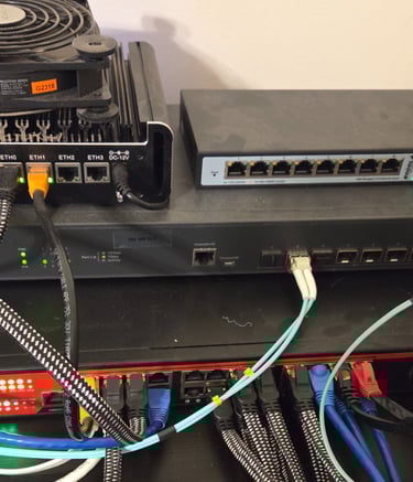 A network station showing a router, Ethernet switches and Fiber switch