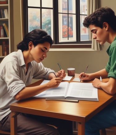 A young child and an adult are sitting at a wooden desk in a classroom, focusing on some written materials. The adult is holding a notebook and appears to be helping the child, who is intently looking at papers on the desk. Nearby are pencils and other school supplies.