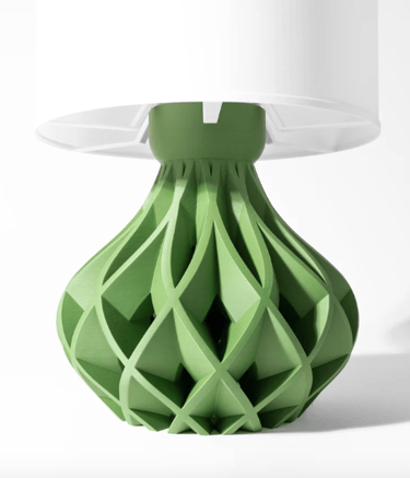 a green lamp shade with a white lamp on top