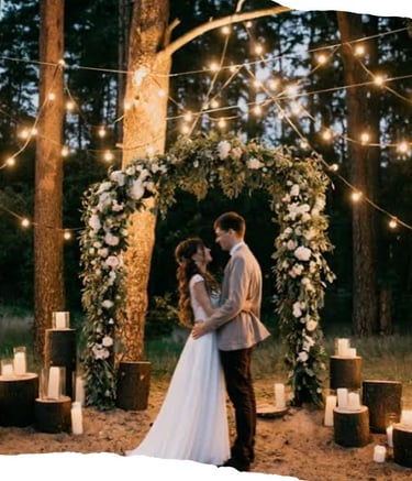 Romantic outdoor wedding ceremony with floral arch and string lighting in Bodrum