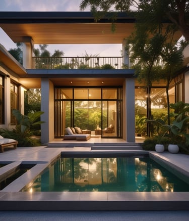 A modern apartment complex with multiple buildings. The buildings have contemporary architectural designs and are painted in various colors, including white, beige, and red brick. Several balconies and large windows are visible on each building. The courtyard area contains green plants, small trees, and a pathway. There's also a structure at the bottom right corner that might be a storage or utility shed.