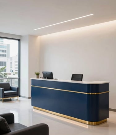 A wide photography shot of a modern and welcoming law office reception in a South American / Brazilian city. The interior features white walls, navy blue furniture, and subtle gold decor accents. Bright, professional, and trustworthy atmosphere.
