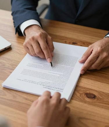 Close-up of a South American / Brazilian lawyer's hands assisting a client with paperwork. Warm, natural lighting on a clean wooden desk, focusing on the act of helpful guidance and professional care.