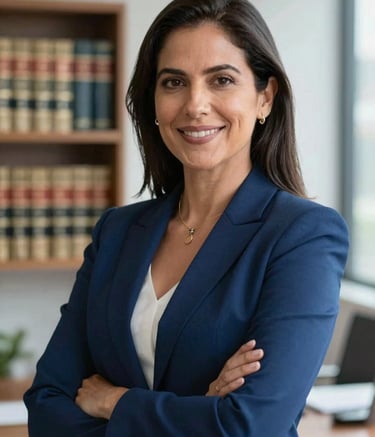 A professional portrait of a South American / Brazilian specialist lawyer in a modern office. She is wearing a navy blue blazer, smiling with confidence and empathy. In the background, a blurred wooden shelf with law books. Natural soft lighting, professional photography.