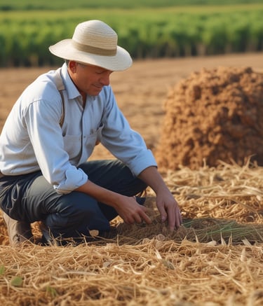 A farmer observing the quality of his harvested crops.raw hat