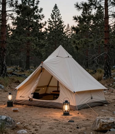 A clean, minimalist composition of high-end camping equipment including a canvas tent and lanterns set in a North American pine forest, dusk lighting, earthy sand and stone colors, cinematic and calm.