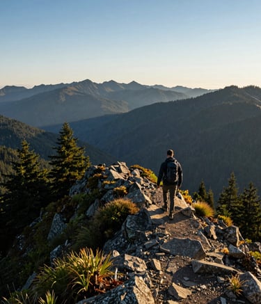 Wide shot of a lone man hiking along a ridgeline in the Pacific Northwest at dawn, mountains fading into the distance, cinematic lighting, forest green and sky blue palette, North American landscape.